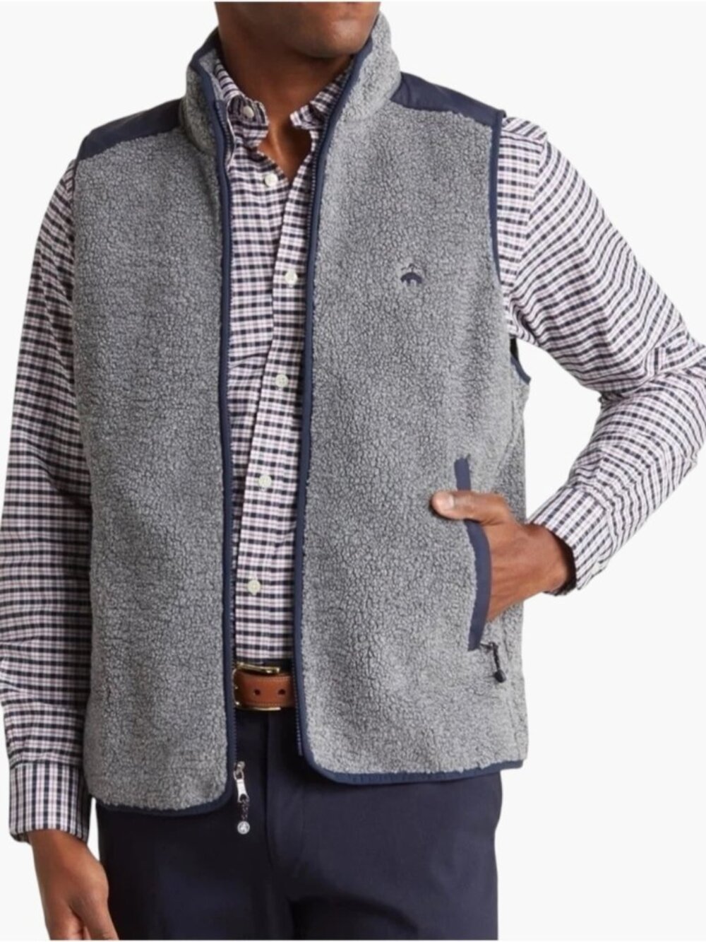 Brooks Brothers Teddy Fleece Sherpa Vest Men's Medium Grey Navy Full Zip